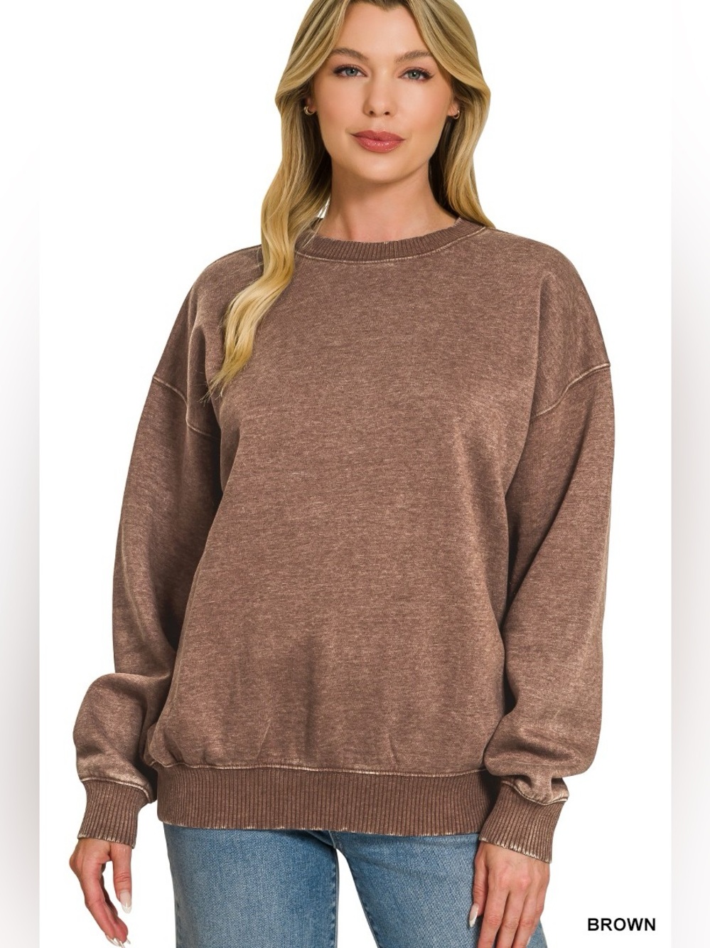 Zenana Fleece Acid Enzyme Washed Round Neck Sweatshirts